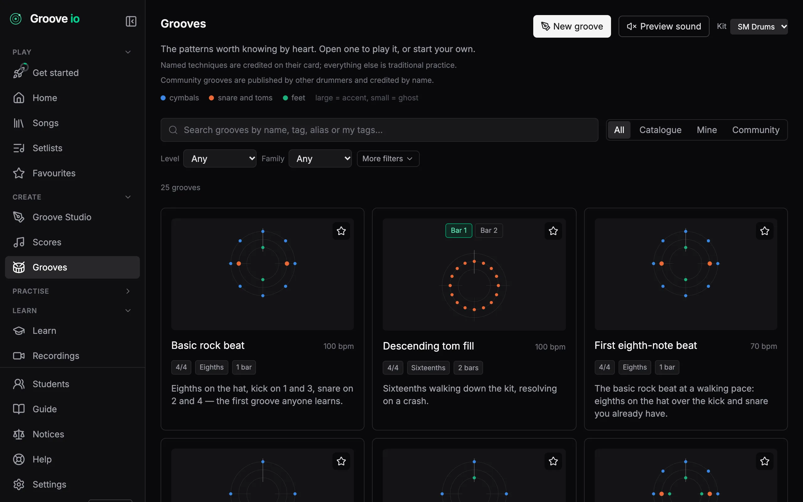 The Groove IO groove catalogue: the patterns worth knowing by heart, each playable at any tempo