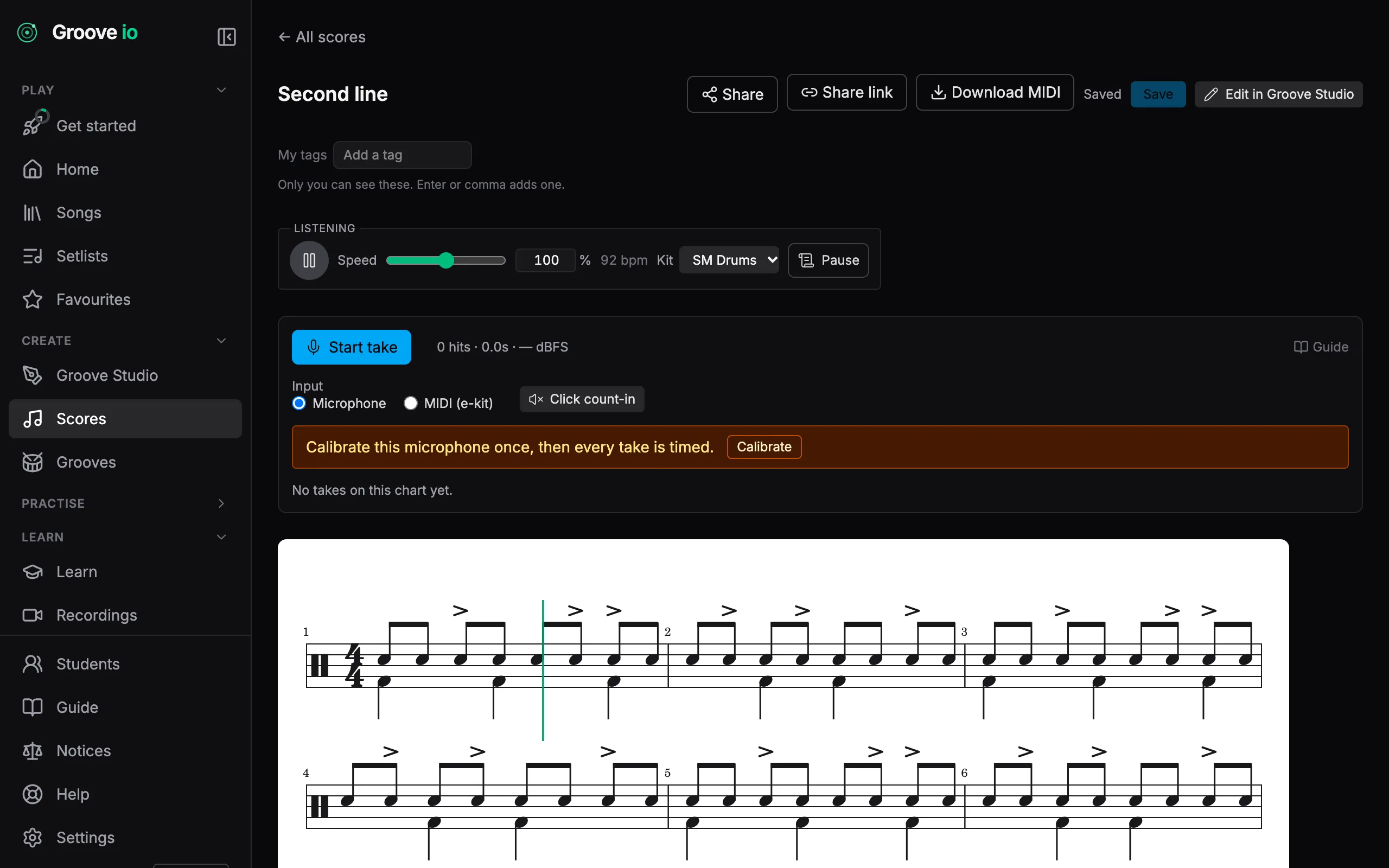 A drum score mid-playback with the playhead partway through a bar