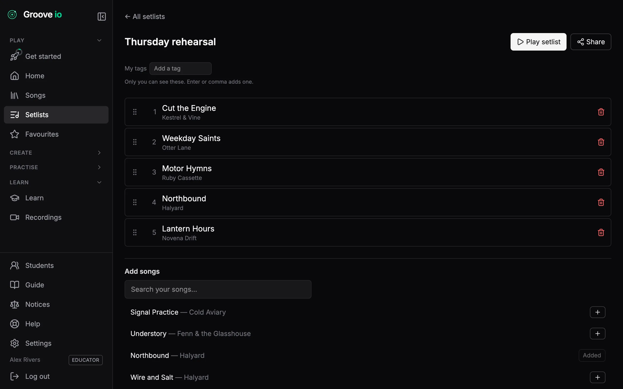 A Groove IO setlist showing an ordered run of tracks