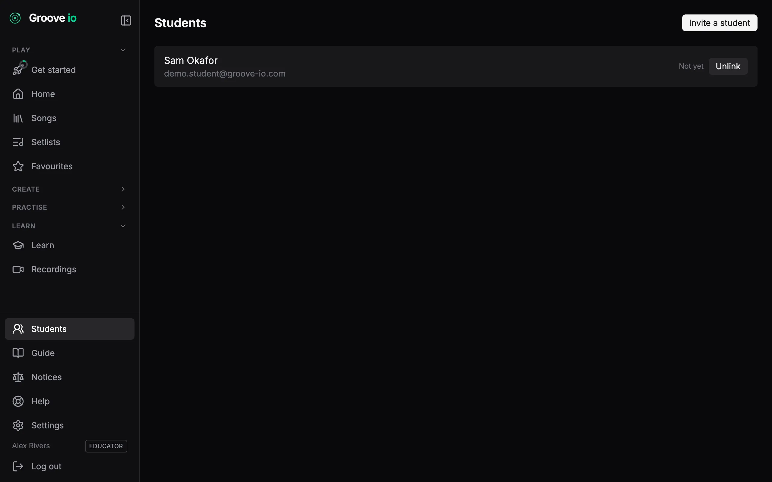 A teacher’s student roster in Groove IO, with an invite button and a linked student