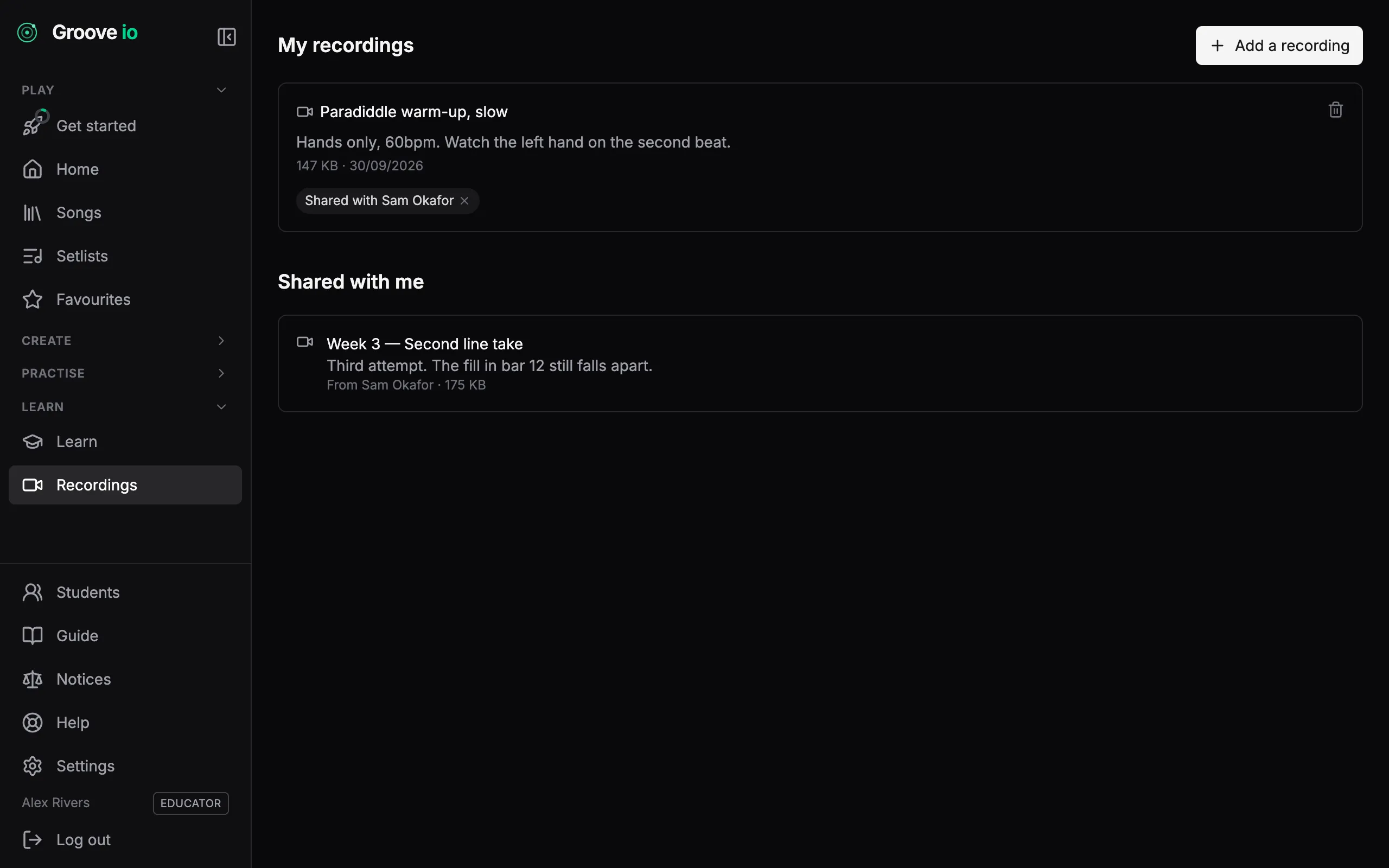 The Groove IO recordings page showing a recording shared with a named student, and one shared back